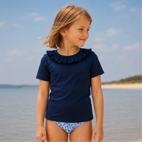 Haut anti-UV col volant marine manches courtes