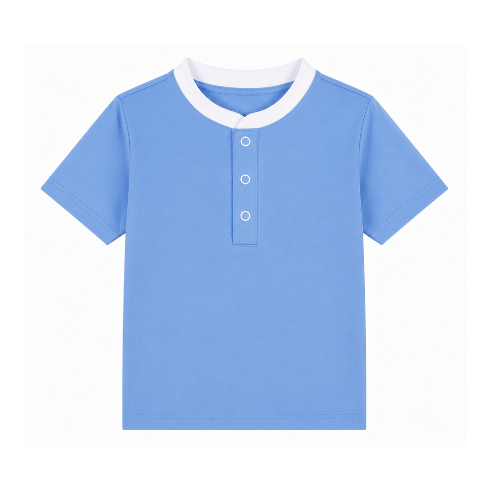 Haut anti-UV Col Mao bleu riviera manches courtes