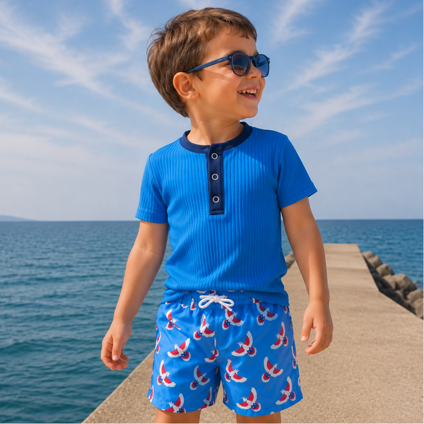 Haut anti-UV Col Mao bleu mer manches courtes