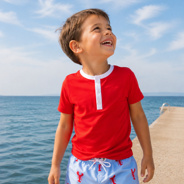 Haut anti-UV Col Mao coquelicot manches courtes